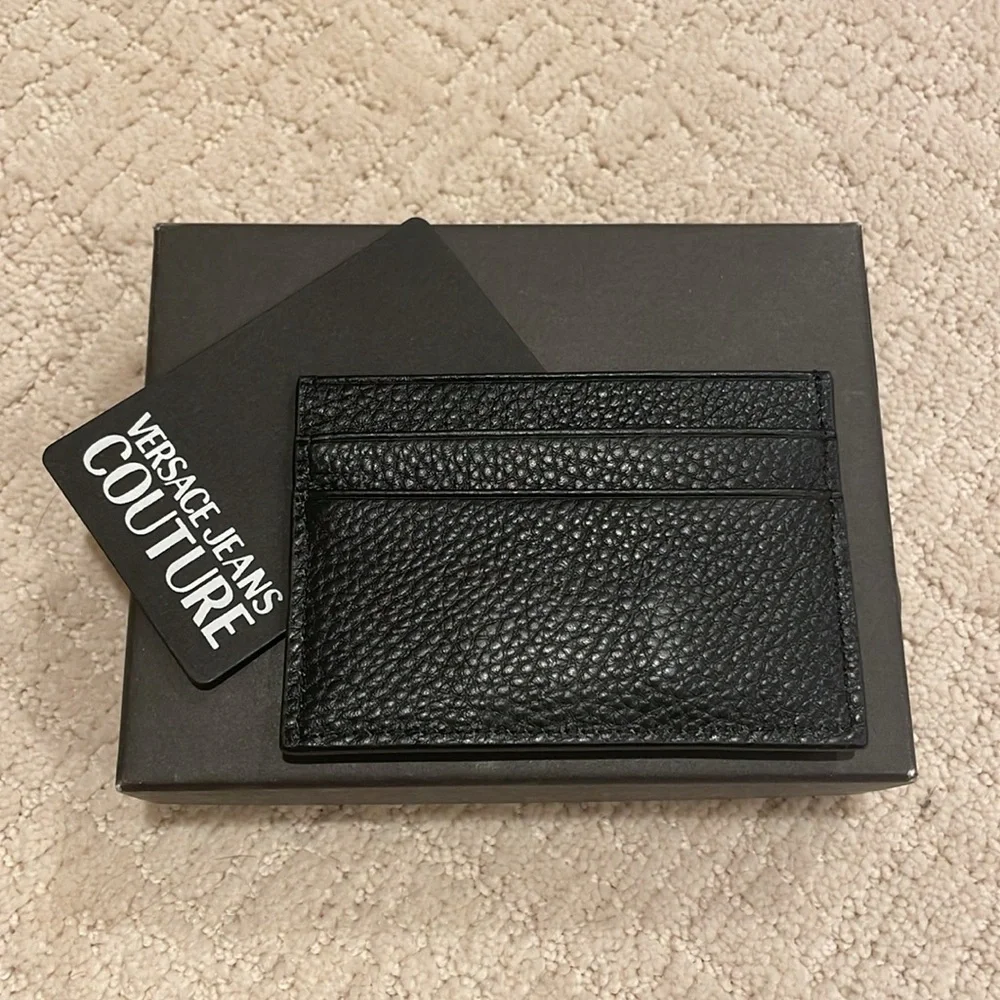 Versace Jeans Couture Range Metal Logo-Plaque Black Grain Leather Cardholder